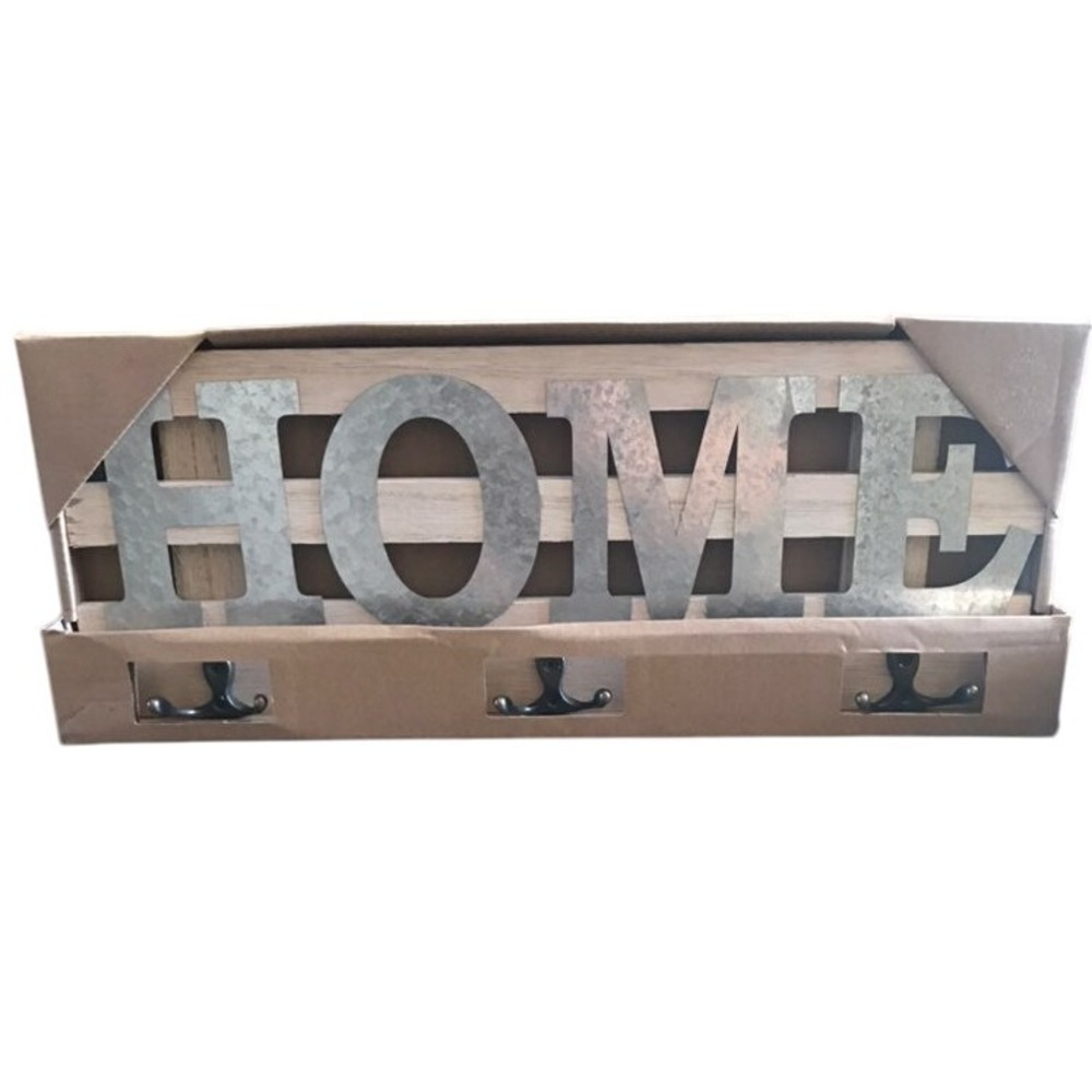 Rustic Farmhouse "HOME" Wall Decor with Hooks – New‎ in Box